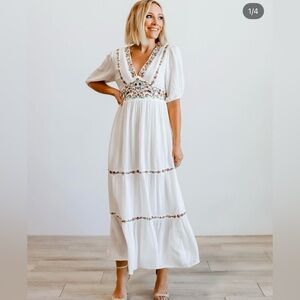 Baltic Born White Maxi Dress with Colorful Embroidery